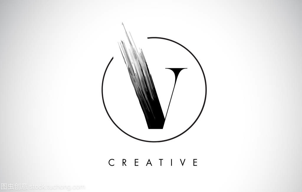 V 画笔描边字母标志设计。黑漆标志字母图标